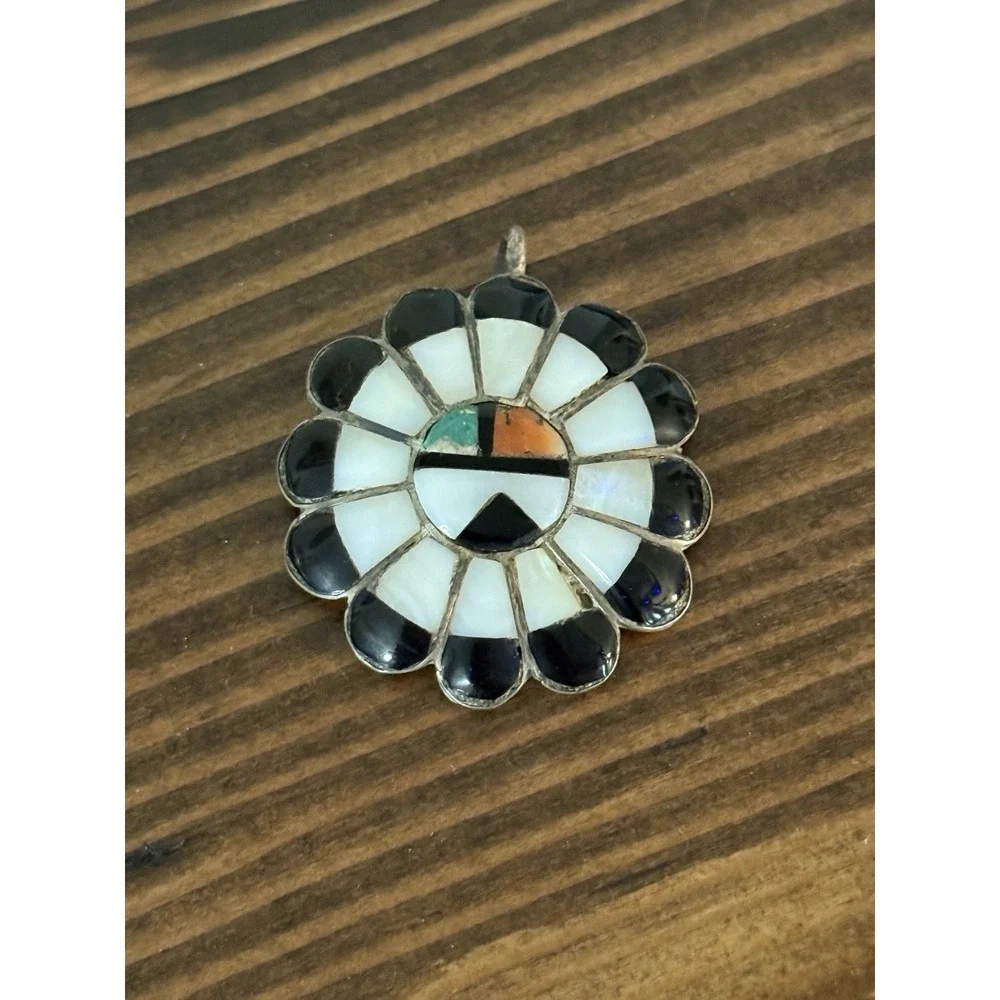 Vintage Zuni Sun Face 925 Sterling Silver Turquoise Inlay Candace Cook Unsigned